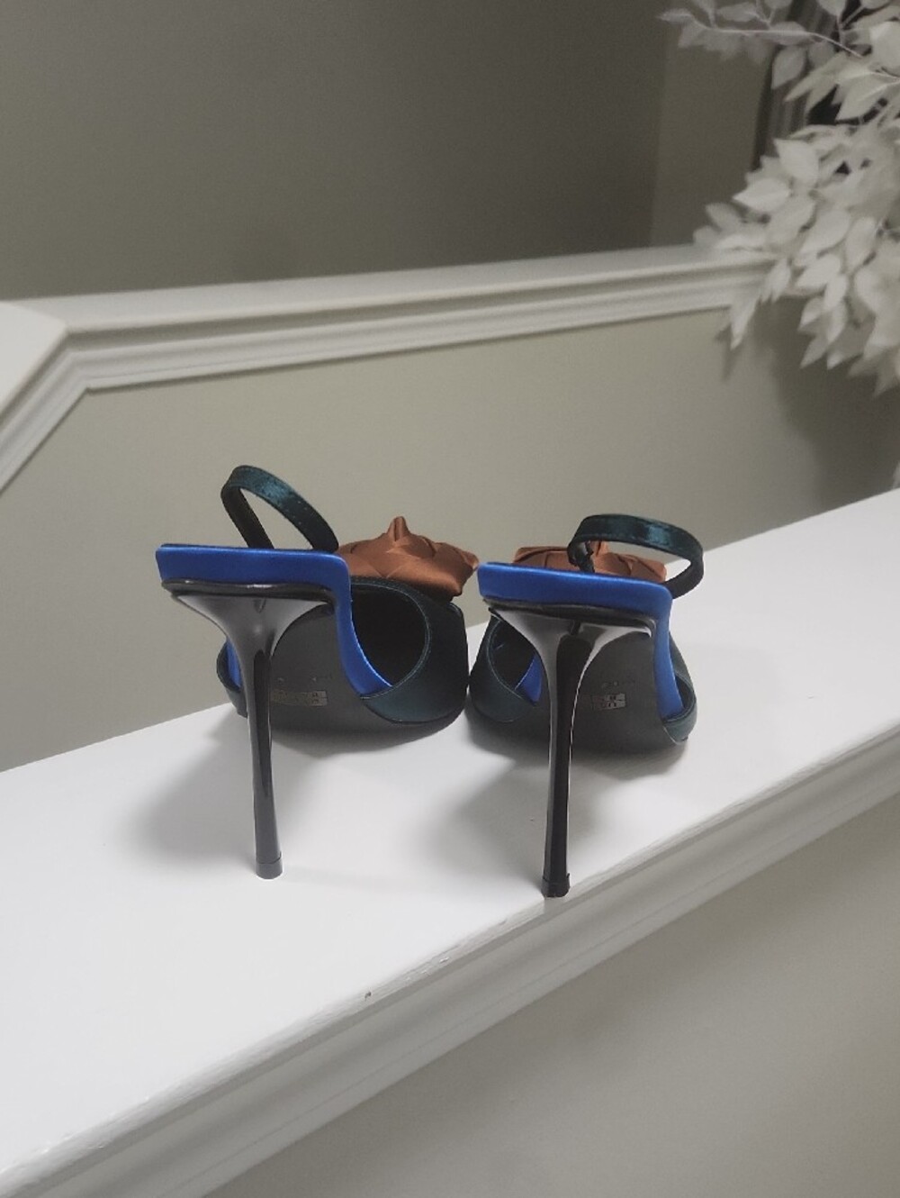 Teal Satin Pointed Slingback Pump with Brown Rosette Accent - Picture 4 of 6